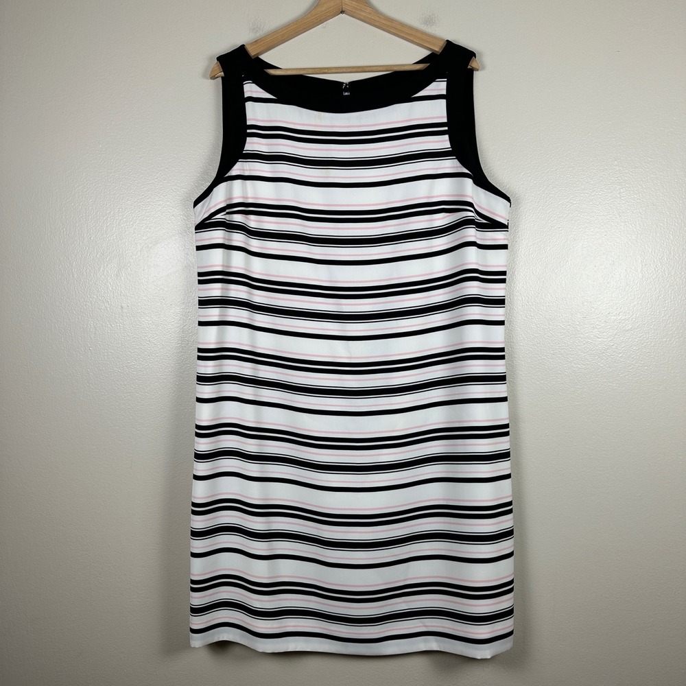 Jones New York Women's 16 Shift Dress White Black Pink Striped Sleeveless Career